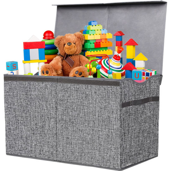 Picture of YOLOXO Toy Box Chest, Collapsible Sturdy Storage Bins with Lids, Extra Large Kids Toy Storage Organizer Boxes Bins Baskets for Kids, Boys, Girls, Nursery Room, Playroom, Closet (Linen Gray)