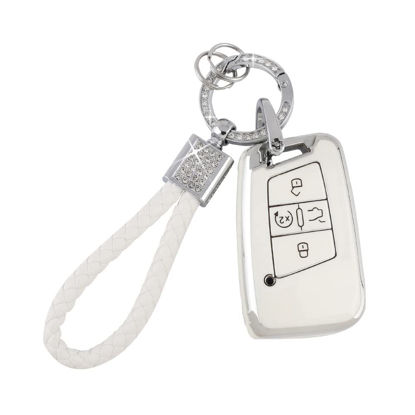 Picture of PIFOOG Key Fob Cover for VW Soft TPU 4 Button Keys Case Shell Protector Glitter Keychain Car Accessories for Volkswagen Jetta Tiguan Atlas Arteon Taos Girly Cute White Gold