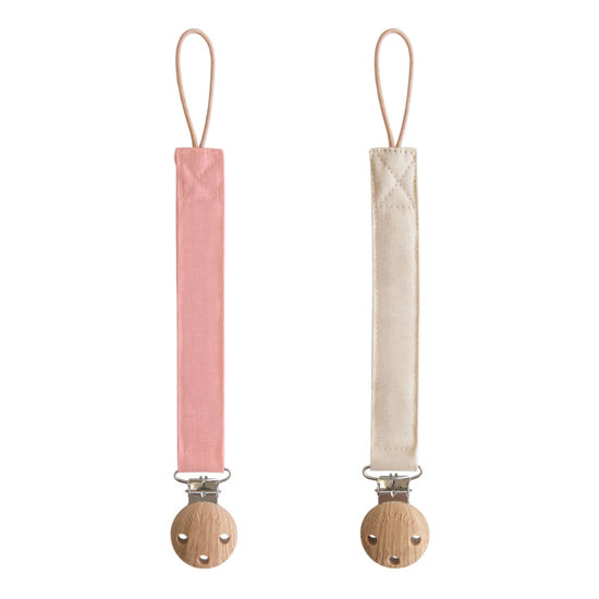 Picture of mushie Linen Baby Pacifier Clip Holder | Soft Fabric Strap, 2-Pack (Dusty Rose/Shifting Sand)