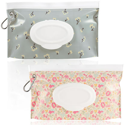 Picture of FEBSNOW 2 Pack Baby Wipes Dispenser, Portable Refillable Wipe Holder Baby Wipes Container Travel Wipes Case Reusable Wet Wipes Pouch (Floral)