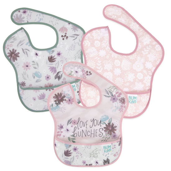 Picture of Bumkins Bibs for Girl or Boy, SuperBib Baby and Toddler for 6-24 Months, Essential Must Have for Eating, Feeding, Baby Led Weaning Supplies, Mess Saving Catch Food, Fabric 3-pk Floral and Lace