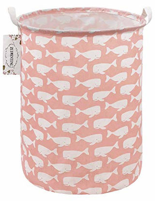 Picture of ZUIWENTING Large Size Round Laundry Storage Baskets with Handles Collapsible Waterproof Home Organizer Laundry Hamper Containers for Boys and Girls Bedroom and Nursery Clothes(Pink Whale)