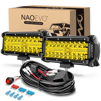 Picture of NAOEVO 7 Inch Yellow LED Light Bar, 240W 24,000LM Offroad Fog/Driving Lights LED Pods with 2 Leads Wiring Harness Kit, Spot & Flood LED Work Lights for Truck Boat UTV ATV, 2-Pack (Yellow)