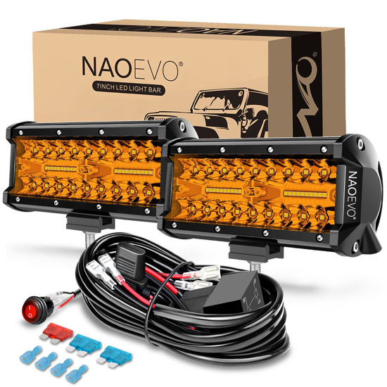 Picture of NAOEVO 7 Inch Amber LED Light Bar, 240W 24,000LM Offroad Fog/Driving Lights LED Pods with 2 Leads Wiring Harness Kit, Spot & Flood LED Work Lights for Truck Boat UTV ATV, 2-Pack (Amber)