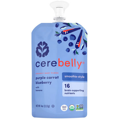 Picture of Cerebelly Organic Baby Food Pouches - 6+ Months Organic Dairy-Free Smoothie Pouches | No Added Sugar, Fiber, Non-GMO | Toddler Pouches | 4 Ounce BPA-Free Baby Pouch | Purple Carrot Blueberry | 1 Count