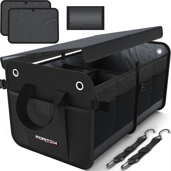 Picture of FORTEM SUV Trunk Organizer, Car Organizer, Collapsible Multi-Compartment Storage Bag for Car Accessories for Women Men, Non Slip Bottom, Adjustable Straps, Foldable Cover 50L (Standard, Black)