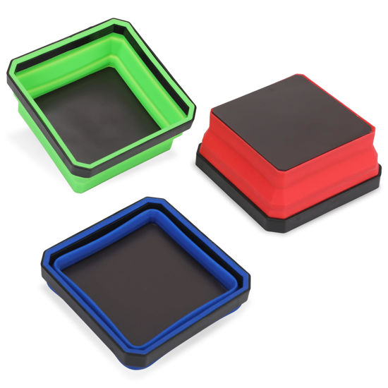 Picture of PR1ME Upgrade Collapsible Magnetic Parts Tray Set, 3 Pack, Foldable Magnetic Tool, 4.25 inch Square Silicone Bowls with Magnetic Base Stores and Organizes Small Parts and Tools