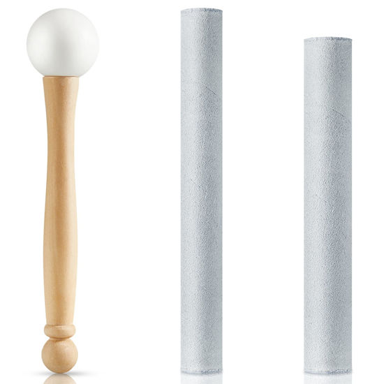 Picture of 3 Pieces Crystal Singing Bowl Mallet Set, Include Thick Suede Striker Solid and Hollow Sound Bowl Stick, Crystal Singing Bowl Rubber Mallet with Wood Handle for Playing Singing Bowl