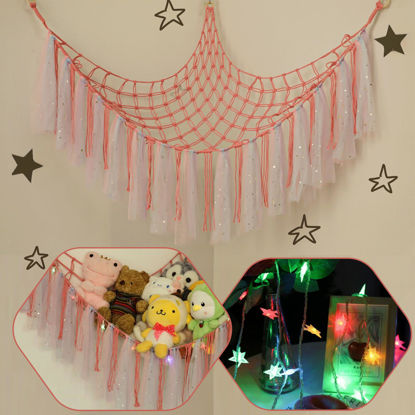 Picture of YELIENM Stuffed Animals Net or Hammock with LED Light, 59 inch Toy Hammock Net for Stuffed Animals Corner Hanging Stuffed Animal Storage Stuffed Animal Holder for Nursery Kids Bedroom… (Dark Pink)
