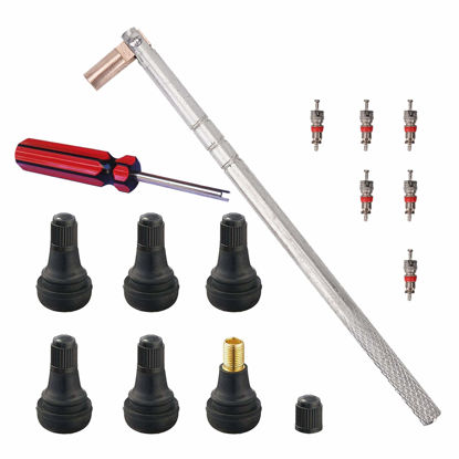 Picture of Febrytold Tire Valve Stem Tool Remover & Installation, 6 Pcs TR412 Snap-in Valve Stems with Valve Stem Cores, 1 Pcs Single Head Tire Valve Core Remover Installer Tool (14 Pcs)
