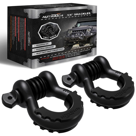 Picture of AUTMATCH D Ring Shackle 3/4" Shackles (2 Pack) 41,887Ibs Break Strength, Clevis Shackle with 7/8" Screw Pin and Shackle Isolator Washer Kit for Tow Strap Winch Off Road Vehicle Recovery, Frosted Black