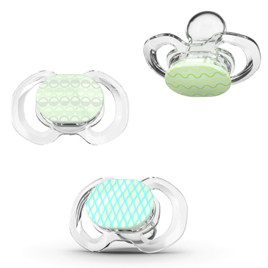 Picture of Smilo Baby Pacifier with Orthodontic Design for Healthy Dental Development - Stage 2 for Babies 3-9 Months - Pack of 3X 100% Silicone Pacifiers BPA Free - Glow-in-The-Dark
