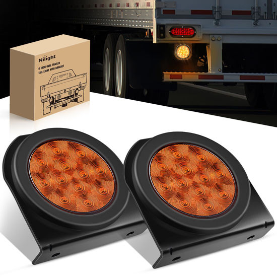 Picture of Nilight 4Inch Round Trailer Tail Light with flush Mount Grommets Plugs w/Mounting Brackets 2PCS Amber Waterproof Turn Signals Trailer Lights for RV Truck Trailer
