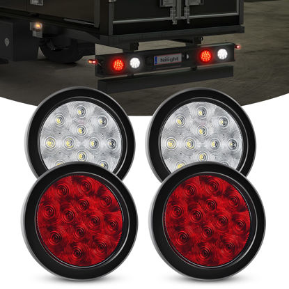 Picture of Nilight 4PCS 4” 12LED Round Reverse Brake Turn Tail Lights w/Surface Mount Grommet Plugs IP67 Trailer Tail Lights for Truck Trailer RV (White and Red)
