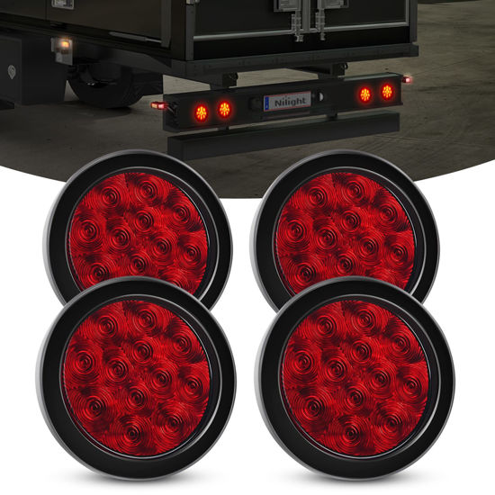 Picture of Nilight 4PCS 4” 12LED Red Round Stop Brake Turn Tail Lights w/Surface Mount Grommet Plugs IP67 Trailer Tail Lights for Truck Trailer RV
