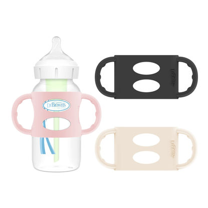 Picture of Dr. Brown's Milestones 100% Silicone Baby Bottle Handles, Wide-Neck, Removable Easy-Grip Transitional Sippy Cup Handles, Light Pink, Ecru, Black, 4m+, 3 Pack