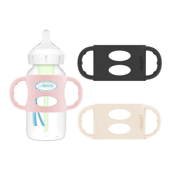 Picture of Dr. Brown's Milestones 100% Silicone Baby Bottle Handles, Wide-Neck, Removable Easy-Grip Transitional Sippy Cup Handles, Light Pink, Ecru, Black, 4m+, 3 Pack