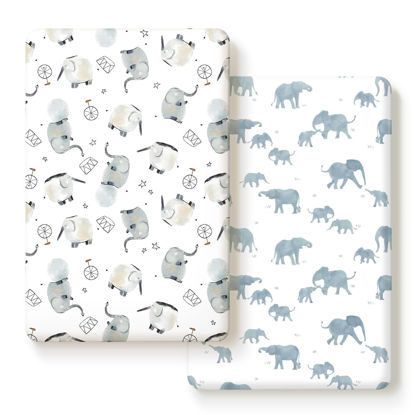 Picture of Pack n Play Sheets FItted 2 Pack, Stretchy Ultra Soft Jersey Knit Pack and Play Sheets, Universal Fitted Portable/Mini Crib Mattresses Snug and Safe, Cute Elephant Print for Boys and Girls