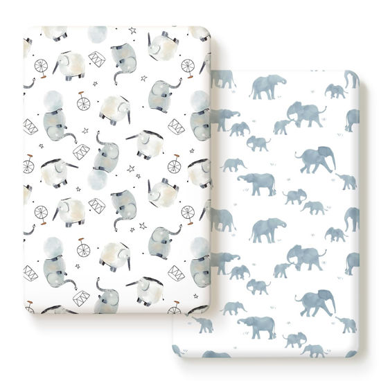 Picture of Pack n Play Sheets FItted 2 Pack, Stretchy Ultra Soft Jersey Knit Pack and Play Sheets, Universal Fitted Portable/Mini Crib Mattresses Snug and Safe, Cute Elephant Print for Boys and Girls