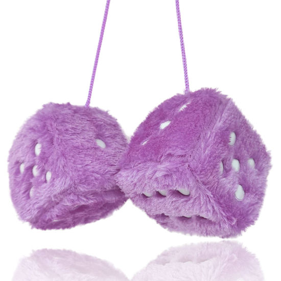 Picture of Pair 3” Purple with White Dots Mirror Fuzzy Plush Dice, Purple and White Soft Plush Car Decorative Hanging Ornament