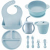 Picture of PandaEar Silicone Baby Feeding Set | 9PCS Baby Led Weaning Supplies Self Feeding Utensils | Divided Suction Plate Bowl Bibs Sippy Cup with Baby Snack Container Spoons Forks (Blue)
