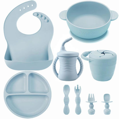Picture of PandaEar Silicone Baby Feeding Set | 9PCS Baby Led Weaning Supplies Self Feeding Utensils | Divided Suction Plate Bowl Bibs Sippy Cup with Baby Snack Container Spoons Forks (Blue)