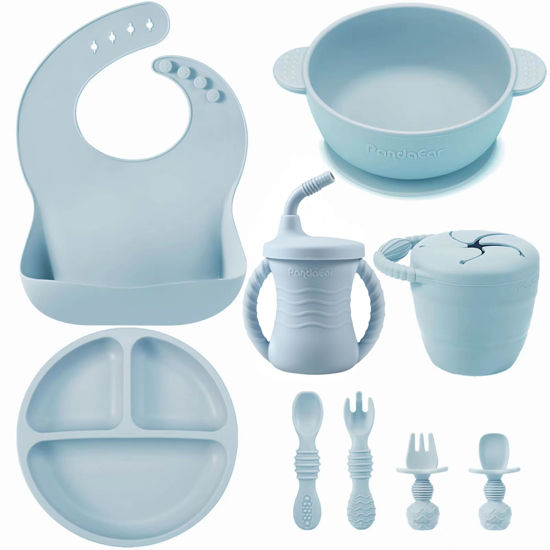 Picture of PandaEar Silicone Baby Feeding Set | 9PCS Baby Led Weaning Supplies Self Feeding Utensils | Divided Suction Plate Bowl Bibs Sippy Cup with Baby Snack Container Spoons Forks (Blue)