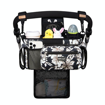 Picture of TOPDesign Universal Baby Stroller Organizer, Stroller Caddy with Detachable Mesh Bag & Heightened Insulated Cup Holders & Non-Slip Secure Hooks Accessories, Fits Most Strollers (Morning Glory)