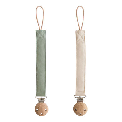 Picture of mushie Linen Baby Pacifier Clip Holder | Soft Fabric Strap, 2-Pack (Olive/Shifting Sand)