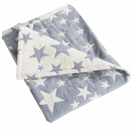Picture of NTBAY 3 Layer Oversized Muslin Cotton Toddler Blanket, 45x60 Inches Jacquard Reversible Nursery Bed Blanket, Super Soft and Thermal Crib Blanket for All Seasons, Baby Gift, 45"x60", Blue/White Star