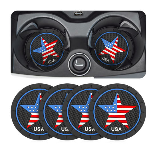 Picture of AUCELI 4 Pack Car Cup Holder Coasters, Colored American Flag US Flag Insert Car Cup Coaster, 2.75 Inch Anti Slip Shockproof Embedded Drink Mat, Vehicle Interior Decor Accessories