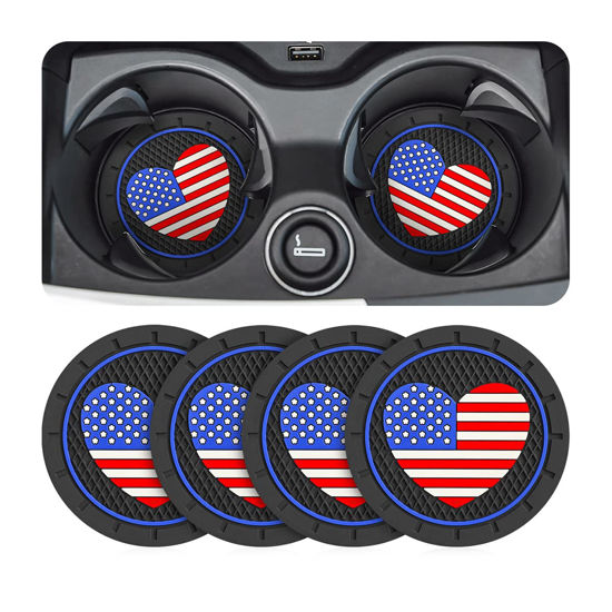 Picture of AUCELI 4 Pack Car Cup Holder Coasters, Colored American Flag US Flag Insert Car Cup Coaster, 2.75 Inch Anti Slip Shockproof Embedded Drink Mat, Vehicle Interior Decor Accessories