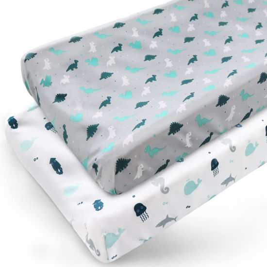 Picture of Changing Pad Cover for Boys Girls 2 Pack, Comfy & Breathable Changing Table Cover for 32''x16" Changing Table Pads, Diaper Changing Pad Cover, Dinosaurs & Ocean