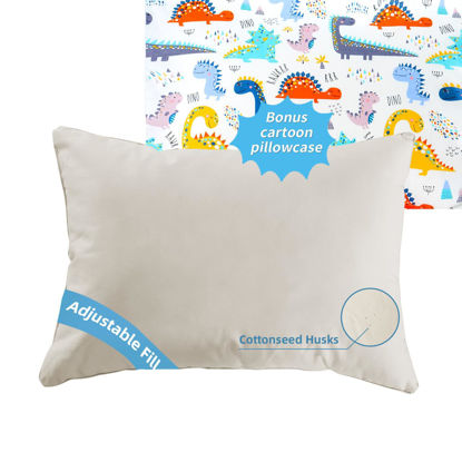 Picture of LOFE Organic Pillow with Cartoon Pillowcase - 16x22 Kids Pillow with 100% Organic Cotton Shell, Adjustable Loft Organic Youth Pillow, Machine Washable, Soft, Perfect for Kids&Youth&Children (Dinosaur)