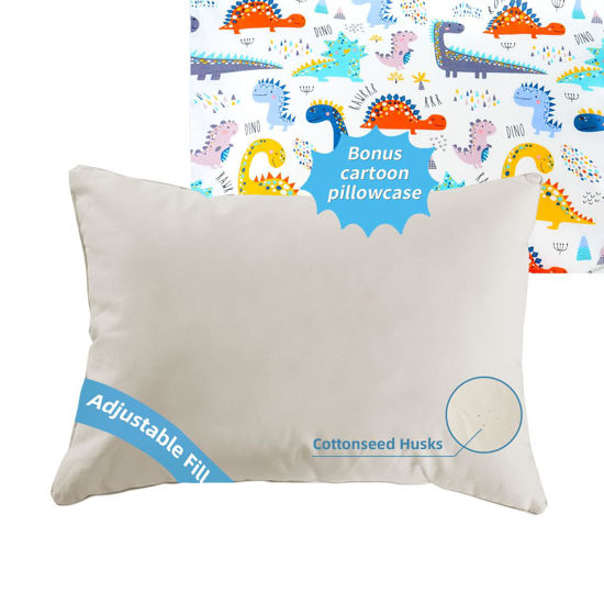 Picture of LOFE Organic Pillow with Cartoon Pillowcase - 16x22 Kids Pillow with 100% Organic Cotton Shell, Adjustable Loft Organic Youth Pillow, Machine Washable, Soft, Perfect for Kids&Youth&Children (Dinosaur)