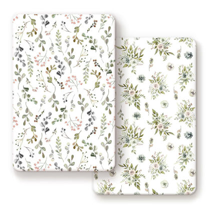 Picture of GRSSDER Stretchy Ultra Soft Jersey Knit Fitted Pack n Play Sheets Set 2 Pack， Portable Pack and Play/Mini Cribs Sheets for Girls，Stylish Watercolor Rose and Flora
