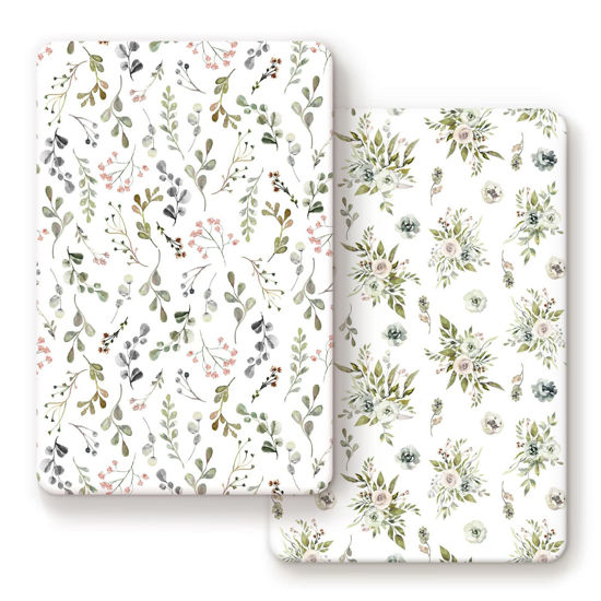 Picture of GRSSDER Stretchy Ultra Soft Jersey Knit Fitted Pack n Play Sheets Set 2 Pack， Portable Pack and Play/Mini Cribs Sheets for Girls，Stylish Watercolor Rose and Flora