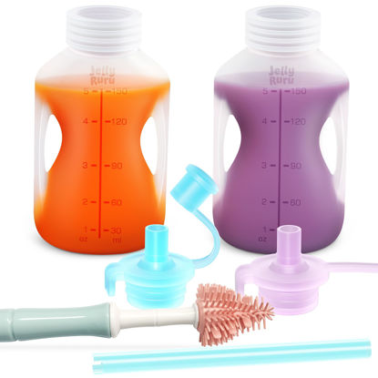 Picture of Jelly Ruru Silicone Reusable Baby Food Pouches with Straws, Leakproof Refillable Squeeze Pouches, Dishwasher, Freezer, Microwave Safe, Baby Food Storage for Homemade Puree, Yogurt