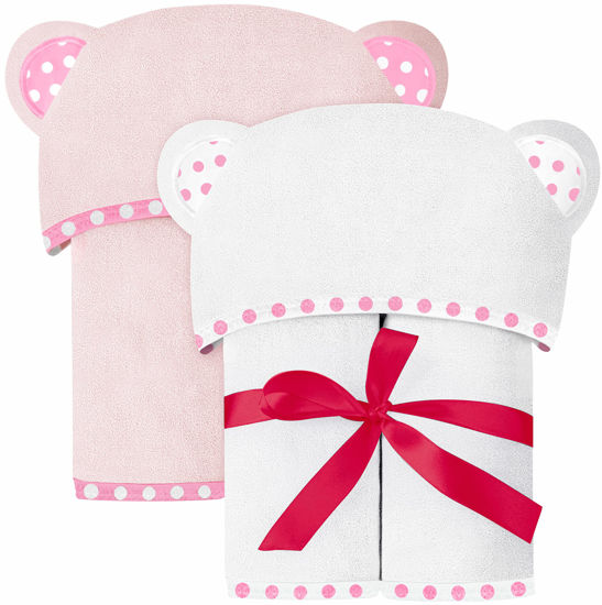 Picture of ELSVIN Set of 2 Hooded Baby Towels - White and Pink - Luxurious, Large and Super Absorbent - 30 x 30 Inch - Soft and Suitable for Infants, Toddlers and Kids - 400 GSM