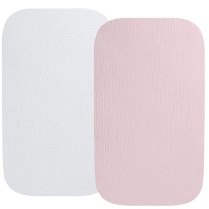 Picture of Muslin Bassinet Sheet Compatible with Mika Micky Bedside Sleeper 2 Pack Cotton Stylish Boho Fitted Bassinet Sheets Super Soft for Baby White & Pink