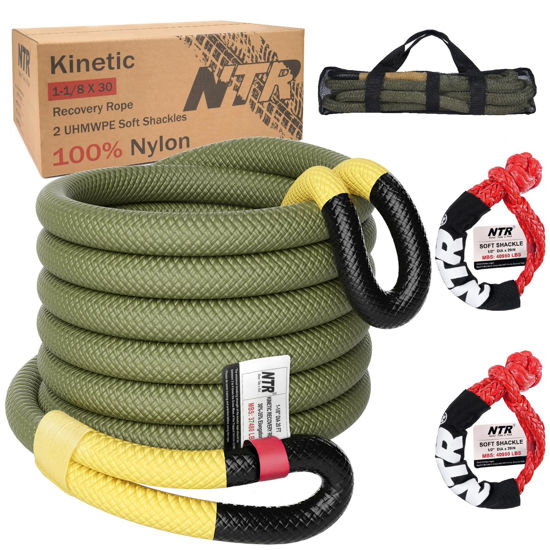 Picture of NTR 1" x 20' Kinetic Recovery Tow Rope (37,480lbs), with 2 UHMWPE Soft Shackles (40,980lbs), Heavy-Duty Offroad Snatch Strap, Vehicle Recovery kit for Jeep car Truck ATV UTV SUV,Olive