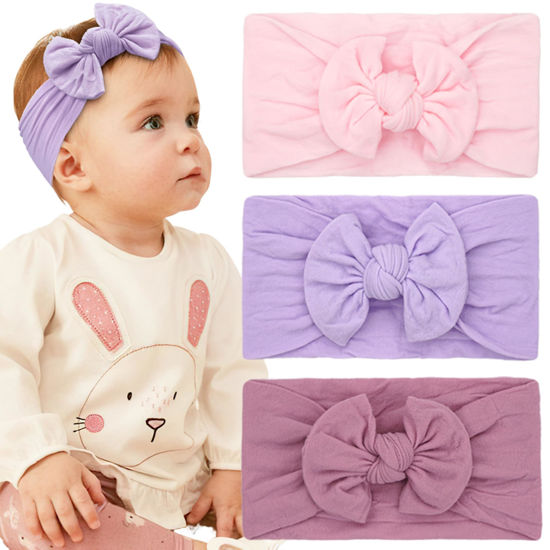 Picture of JOYOYO 3 Colors Soft Wide Turban Baby Headbands with 4.5 inches Hair Bow Headbands for Baby Girls Infants Newborn Hair Accessories Toddlers Kids and Children(Pink Purple Purple)