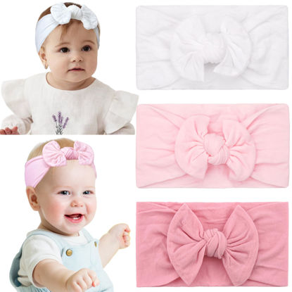 Picture of JOYOYO 3 Colors Soft Wide Turban Baby Headbands with 4.5 inches Hair Bow Headbands for Baby Girls Infants Newborn Hair Accessories Toddlers Kids and Children(White Pink Pink)