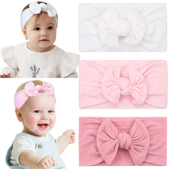 Picture of JOYOYO 3 Colors Soft Wide Turban Baby Headbands with 4.5 inches Hair Bow Headbands for Baby Girls Infants Newborn Hair Accessories Toddlers Kids and Children(White Pink Pink)