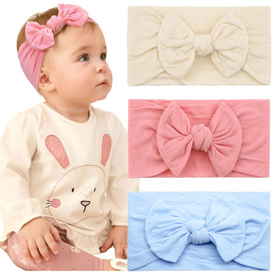 Picture of JOYOYO 3 Colors Soft Wide Turban Baby Headbands with 4.5 inches Hair Bow Headbands for Baby Girls Infants Newborn Hair Accessories Toddlers Kids and Children(Beige Pink Blue)