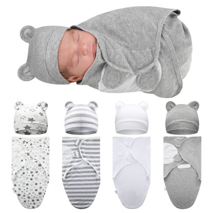 Picture of Buryeah 4 Pack Preemie Swaddle Blanket Wrap Set with Hat for Baby Boys Girls 3-7 Lbs Preemie Newborn Clothes Sleepers Cap (Gray,Star)