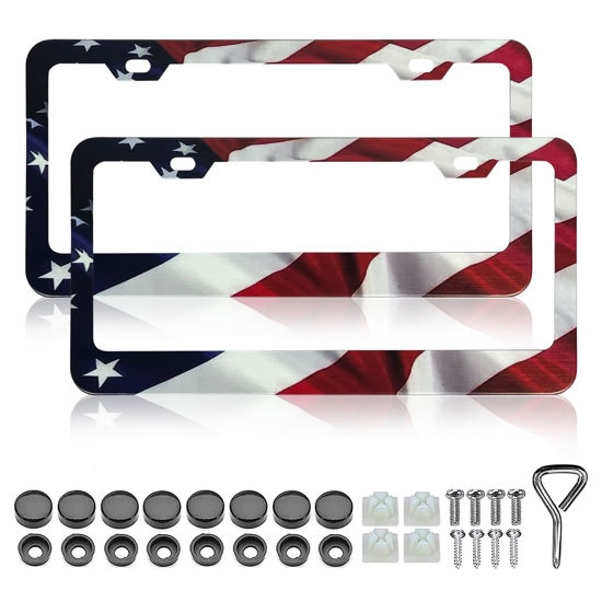 Picture of Patriotic American Flag License Plate Frame Holder - 2 Pack Universal Quality Metal Aluminum Matte Stripe US Flag Gloss Car Plate Frame Covers with 2 Holes and Free Screws Fasteners Caps
