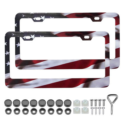 Picture of Patriotic American Flag License Plate Frame Holder - 2 Pack Universal Aluminum Matte Stripe US Flag Gloss Car Plate Frame Covers with 2 Holes and Free Screws Fasteners Caps
