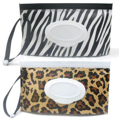 Picture of Baby Wipe Dispenser,Portable Refillable Wipe Holder Wipe Dispenser Bag Reusable Travel Wet Wipe Pouch (Zebra + leopard print)