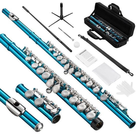 Picture of POGOLAB Flutes, Closed Hole C 16 Keys Flute Instrument, Student Flute for Beginner School Orchestra Band, with Cleaning Kit, Carry Bag, Stand, Strap, Probe Rod, Gloves (Sky Blue)